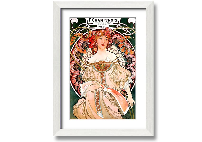 Framed print of Alphonse Mucha's Champenois artwork, showcasing intricate details and vibrant colors.