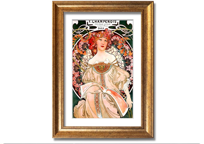 Framed print of Alphonse Mucha's Champenois artwork, showcasing intricate details and vibrant colors.