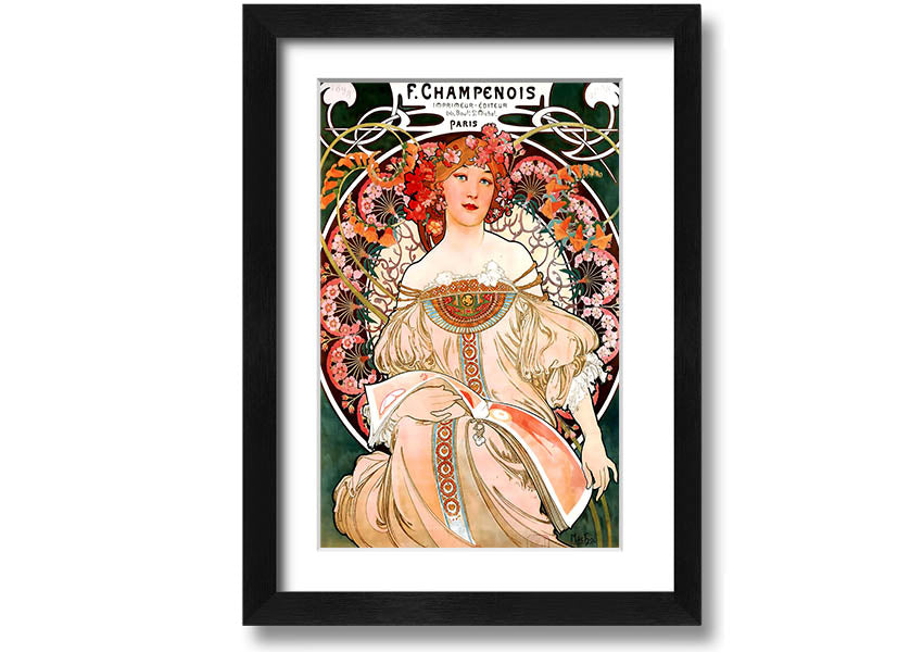 Framed print of Alphonse Mucha's Champenois artwork, showcasing intricate details and vibrant colors.