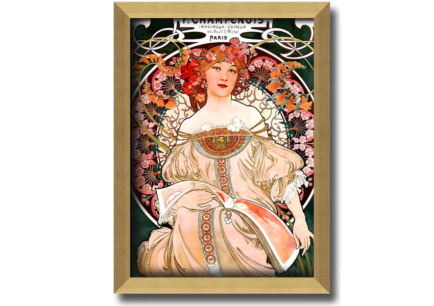 Framed print of Alphonse Mucha's Champenois artwork, showcasing intricate details and vibrant colors.