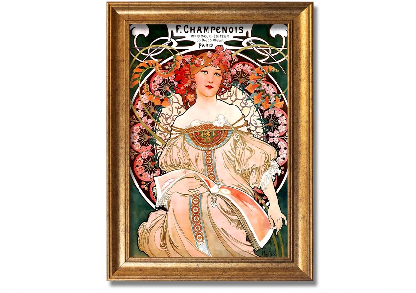 Framed print of Alphonse Mucha's Champenois artwork, showcasing intricate details and vibrant colors.