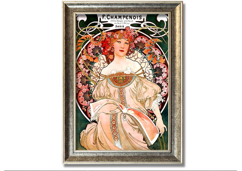 Framed print of Alphonse Mucha's Champenois artwork, showcasing intricate details and vibrant colors.