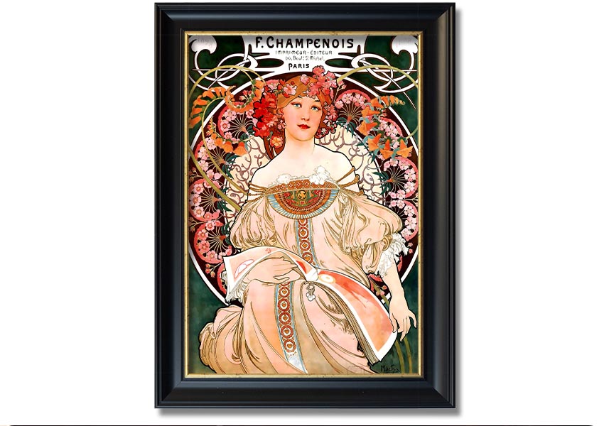 Framed print of Alphonse Mucha's Champenois artwork, showcasing intricate details and vibrant colors.