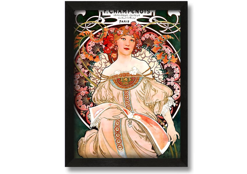 Framed print of Alphonse Mucha's Champenois artwork, showcasing intricate details and vibrant colors.