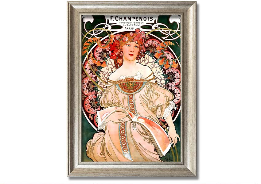 Framed print of Alphonse Mucha's Champenois artwork, showcasing intricate details and vibrant colors.