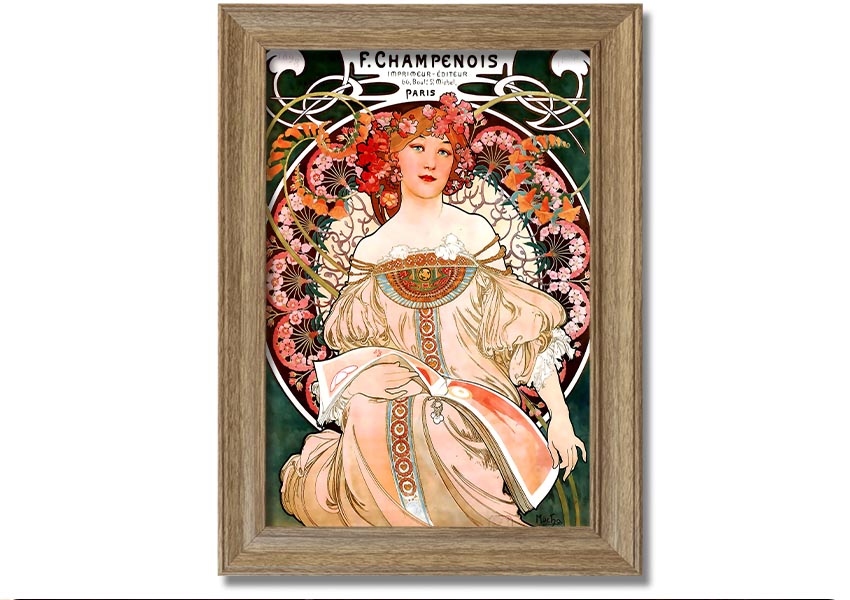 Framed print of Alphonse Mucha's Champenois artwork, showcasing intricate details and vibrant colors.