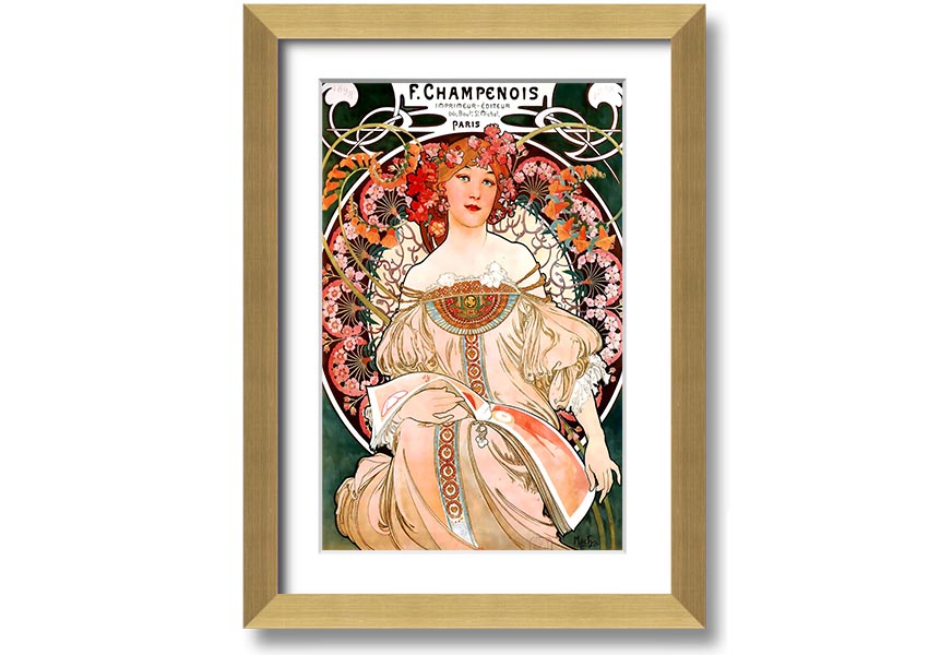 Framed print of Alphonse Mucha's Champenois artwork, showcasing intricate details and vibrant colors.