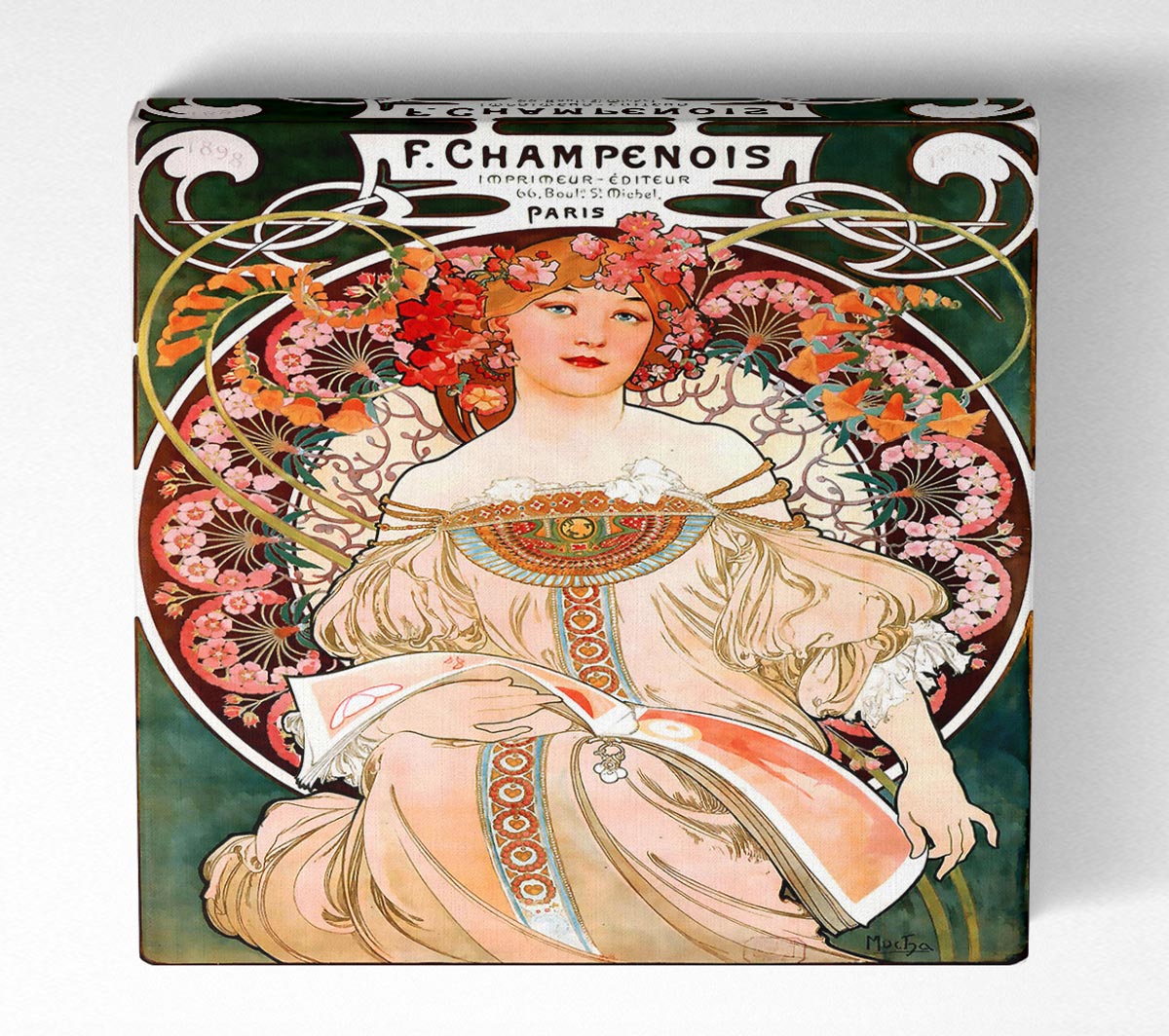 Alphonse Mucha Champenois canvas art mounted on a 44mm box frame, showcasing intricate details and vibrant colors.