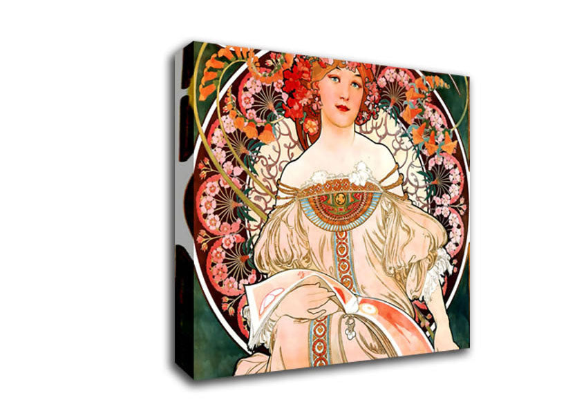 Alphonse Mucha Champenois canvas art mounted on a 44mm box frame, showcasing intricate details and vibrant colors.