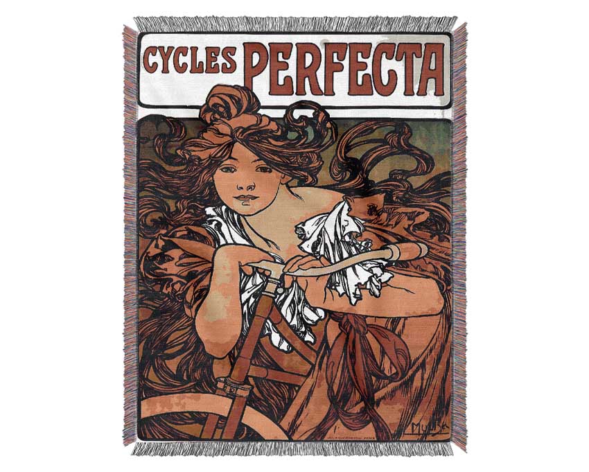 Alphonse Mucha Cycles Perfecta throw blanket featuring intricate Art Nouveau designs in soft cotton fabric.