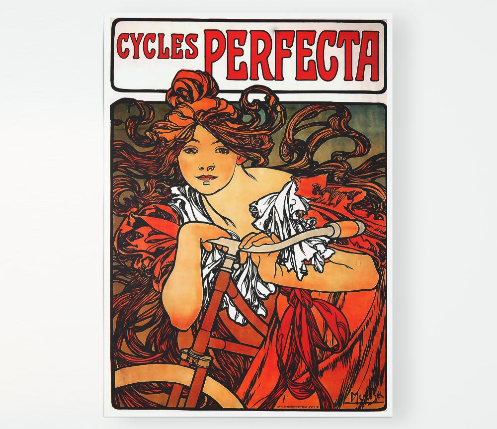 Alphonse Mucha Cycles Perfecta poster on high-quality canvas, featuring intricate designs and vibrant colors.