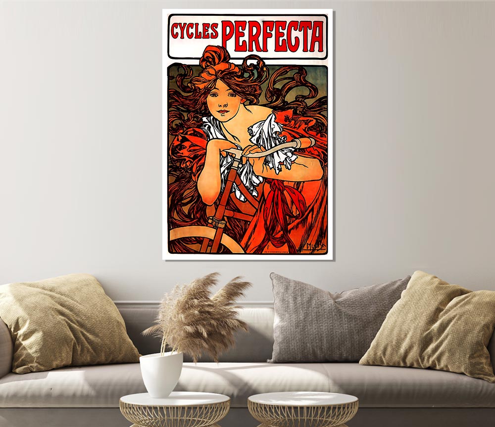 Alphonse Mucha Cycles Perfecta poster on high-quality canvas, featuring intricate designs and vibrant colors.