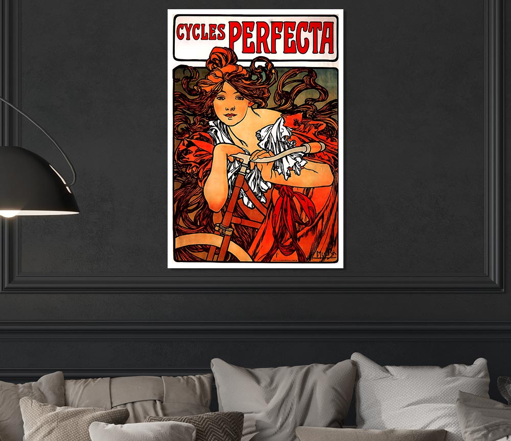 Alphonse Mucha Cycles Perfecta poster on high-quality canvas, featuring intricate designs and vibrant colors.