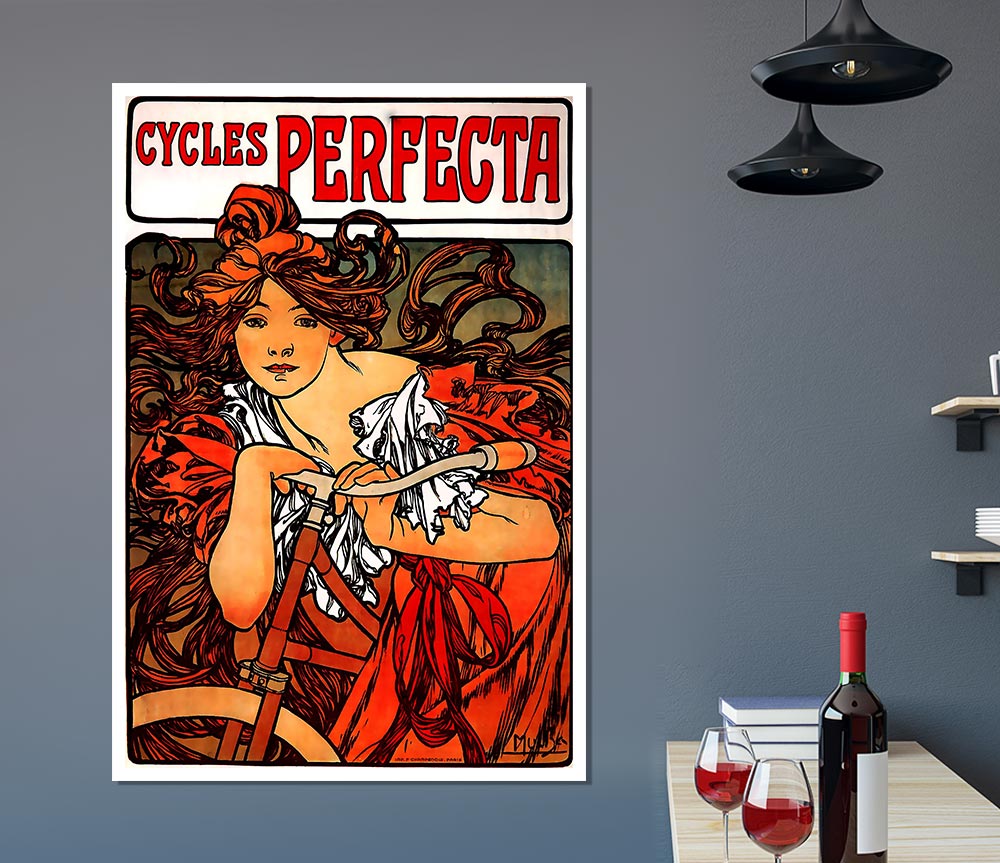 Alphonse Mucha Cycles Perfecta poster on high-quality canvas, featuring intricate designs and vibrant colors.