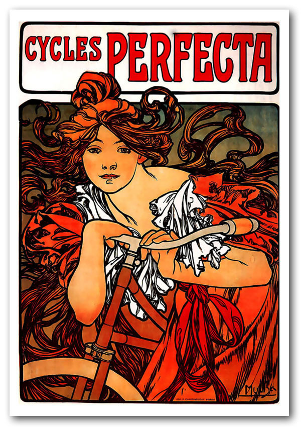 Alphonse Mucha Cycles Perfecta poster on high-quality canvas, featuring intricate designs and vibrant colors.