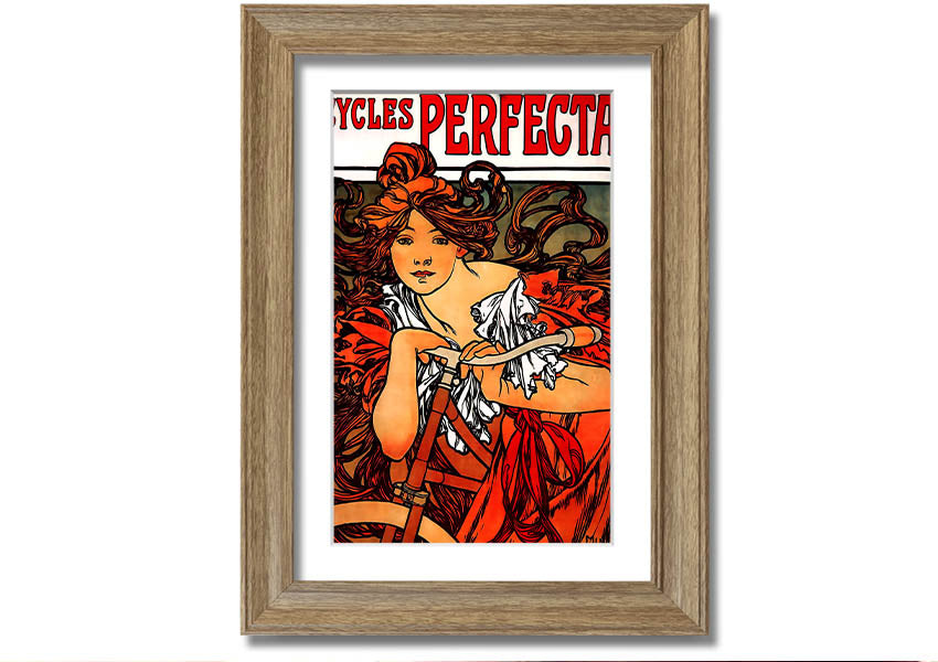 Framed print of Alphonse Mucha's Cycles Perfecta artwork, showcasing intricate details and vibrant colors.