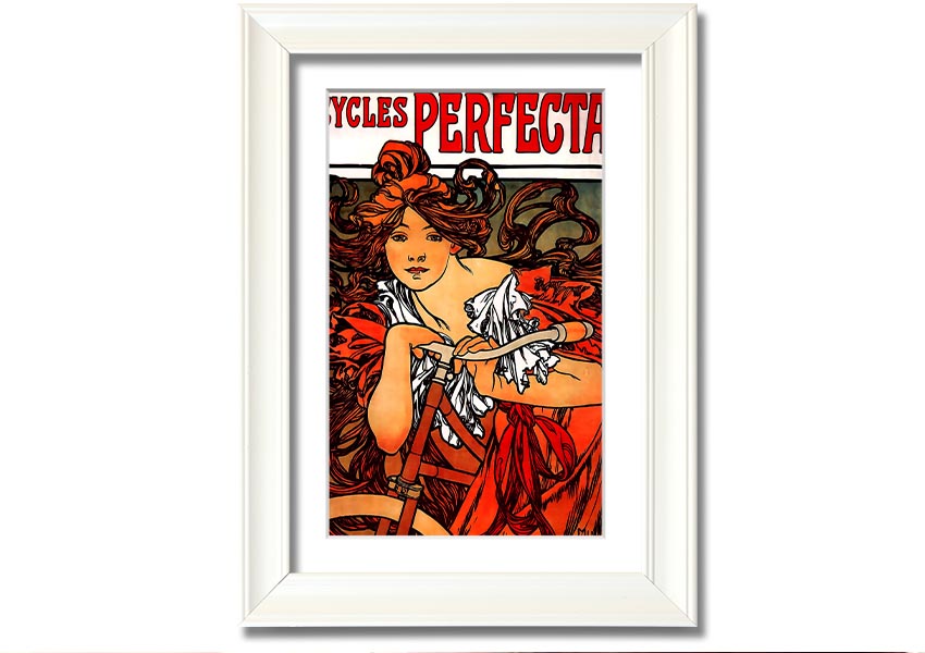 Framed print of Alphonse Mucha's Cycles Perfecta artwork, showcasing intricate details and vibrant colors.