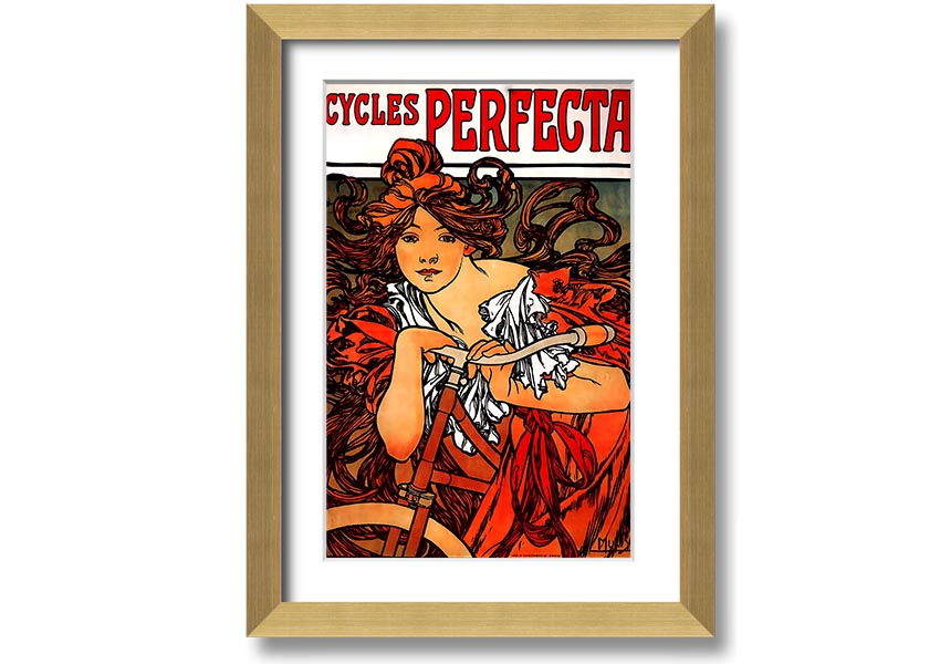 Framed print of Alphonse Mucha's Cycles Perfecta artwork, showcasing intricate details and vibrant colors.