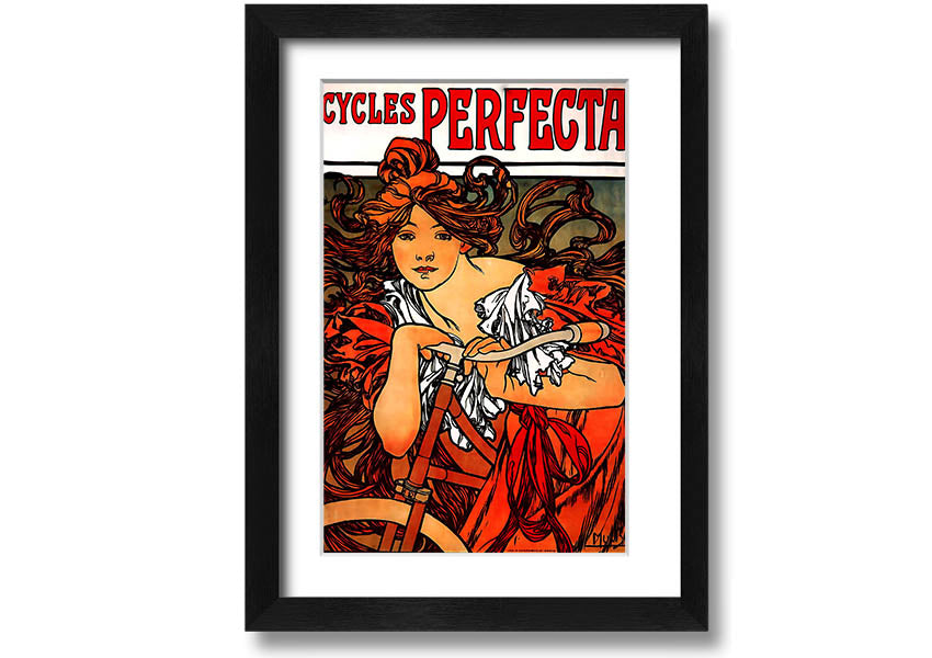 Framed print of Alphonse Mucha's Cycles Perfecta artwork, showcasing intricate details and vibrant colors.