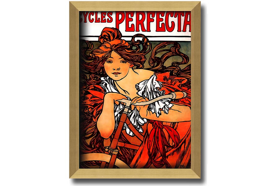 Framed print of Alphonse Mucha's Cycles Perfecta artwork, showcasing intricate details and vibrant colors.