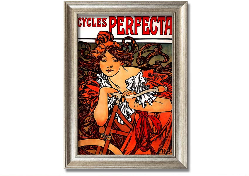 Framed print of Alphonse Mucha's Cycles Perfecta artwork, showcasing intricate details and vibrant colors.