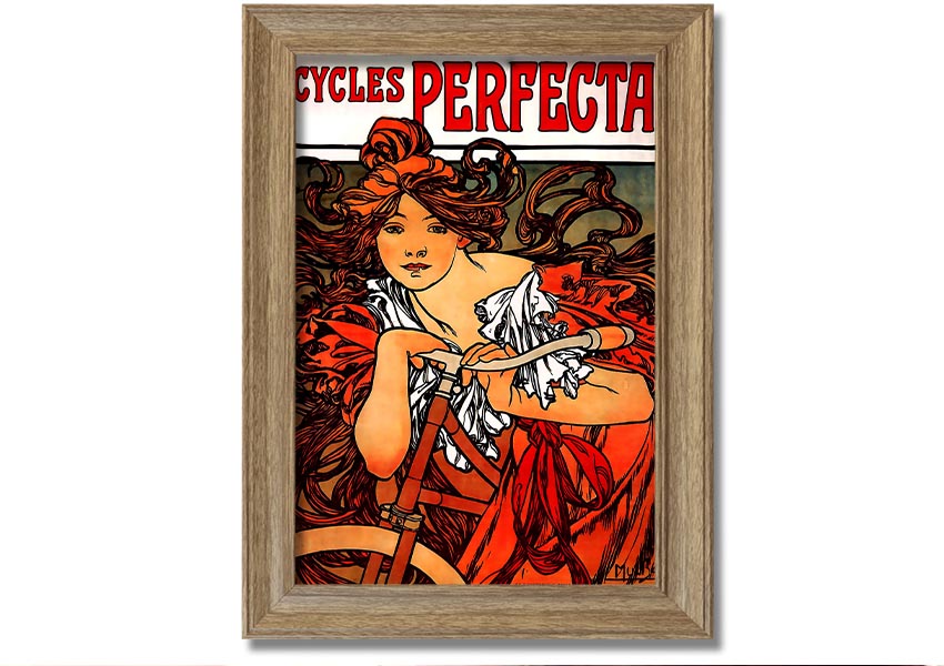 Framed print of Alphonse Mucha's Cycles Perfecta artwork, showcasing intricate details and vibrant colors.