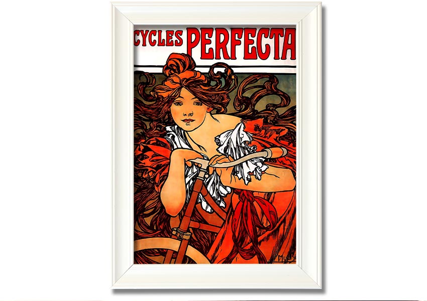 Framed print of Alphonse Mucha's Cycles Perfecta artwork, showcasing intricate details and vibrant colors.