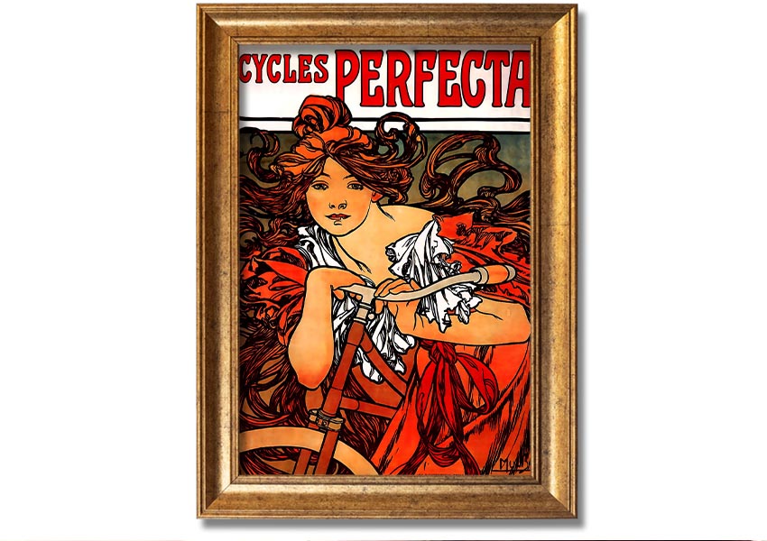 Framed print of Alphonse Mucha's Cycles Perfecta artwork, showcasing intricate details and vibrant colors.