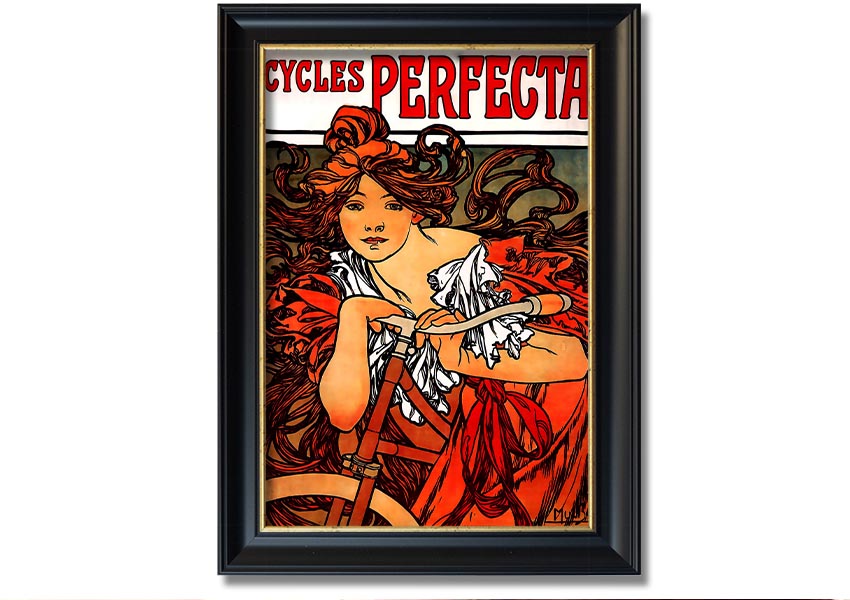 Framed print of Alphonse Mucha's Cycles Perfecta artwork, showcasing intricate details and vibrant colors.