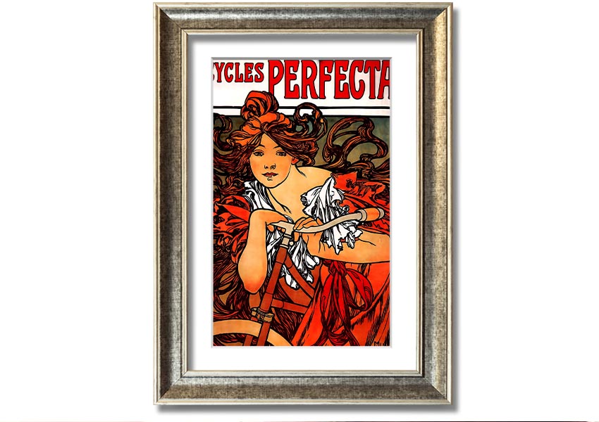 Framed print of Alphonse Mucha's Cycles Perfecta artwork, showcasing intricate details and vibrant colors.