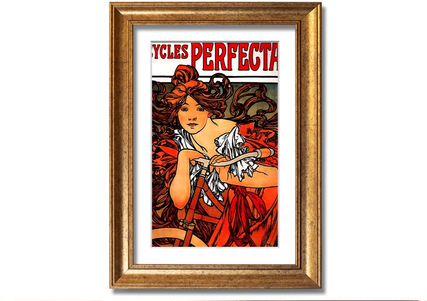 Framed print of Alphonse Mucha's Cycles Perfecta artwork, showcasing intricate details and vibrant colors.