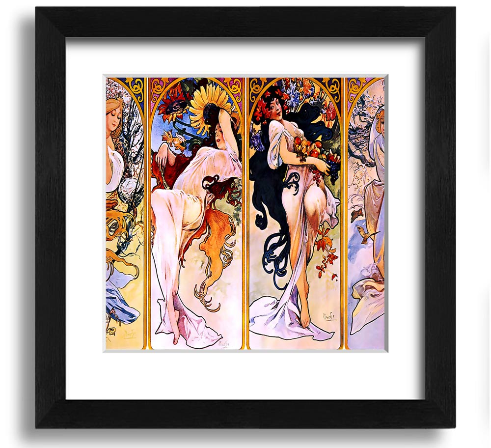 Alphonse Mucha Four Seasons Square Framed Print showcasing vibrant seasonal artwork in a stylish frame.