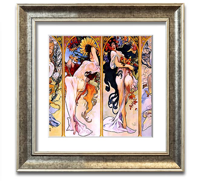 Alphonse Mucha Four Seasons Square Framed Print showcasing vibrant seasonal artwork in a stylish frame.