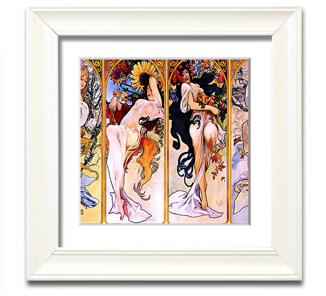 Alphonse Mucha Four Seasons Square Framed Print showcasing vibrant seasonal artwork in a stylish frame.