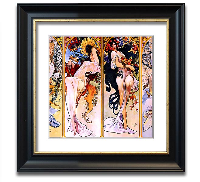 Alphonse Mucha Four Seasons Square Framed Print showcasing vibrant seasonal artwork in a stylish frame.