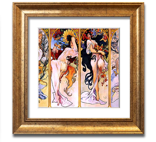 Alphonse Mucha Four Seasons Square Framed Print showcasing vibrant seasonal artwork in a stylish frame.