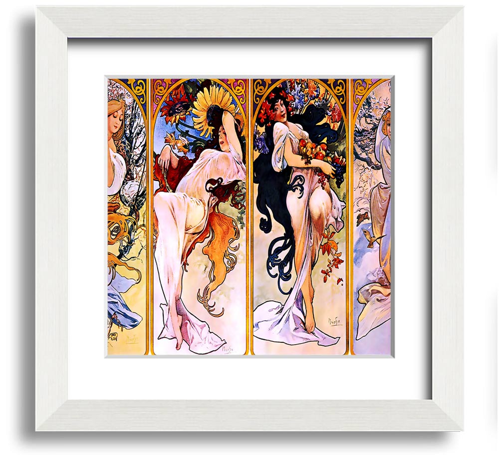 Alphonse Mucha Four Seasons Square Framed Print showcasing vibrant seasonal artwork in a stylish frame.