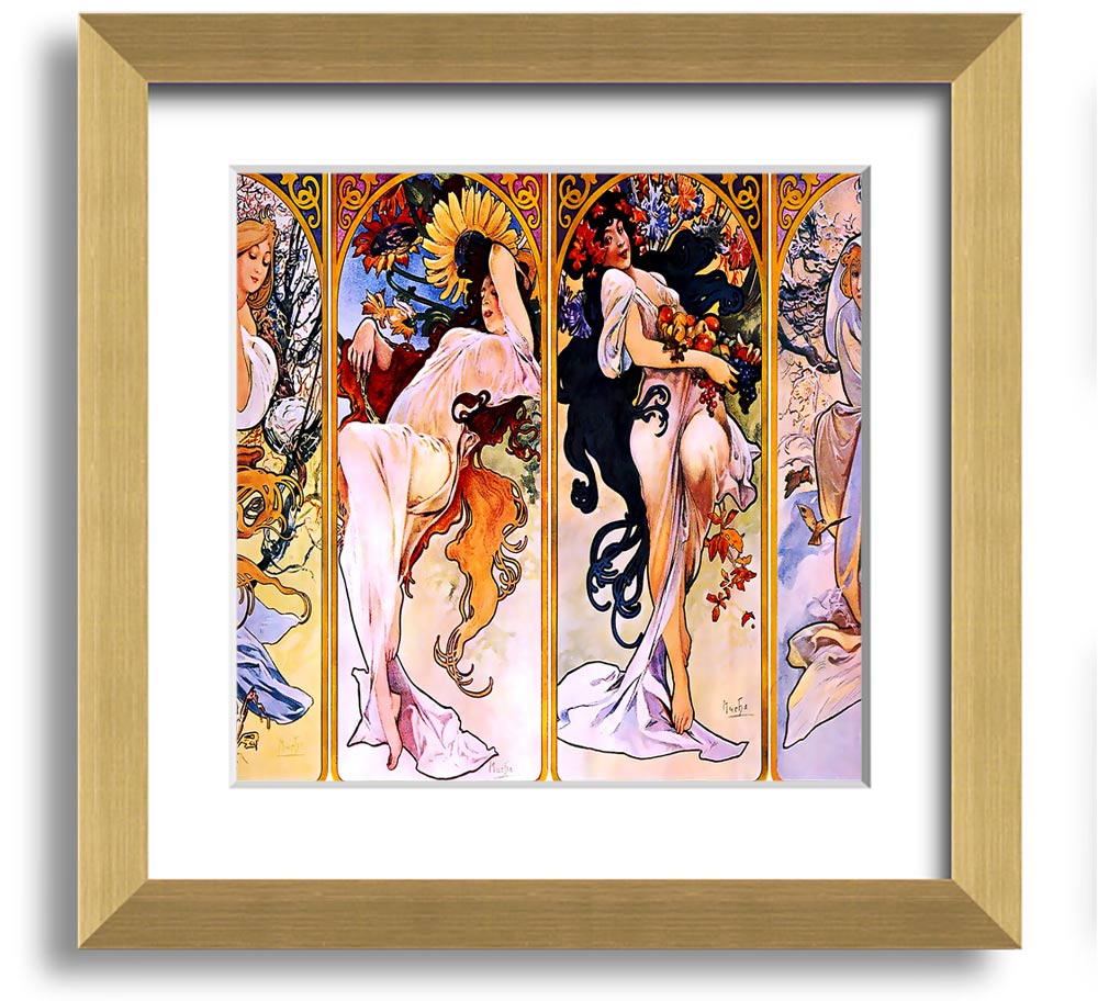 Alphonse Mucha Four Seasons Square Framed Print showcasing vibrant seasonal artwork in a stylish frame.