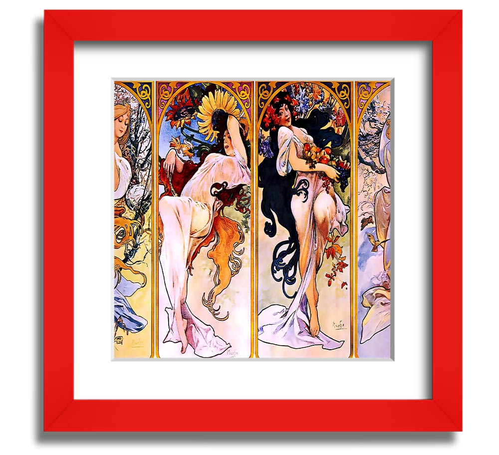 Alphonse Mucha Four Seasons Square Framed Print showcasing vibrant seasonal artwork in a stylish frame.