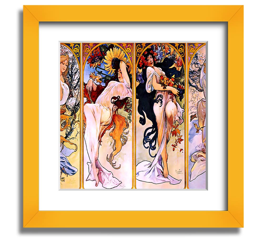 Alphonse Mucha Four Seasons Square Framed Print showcasing vibrant seasonal artwork in a stylish frame.