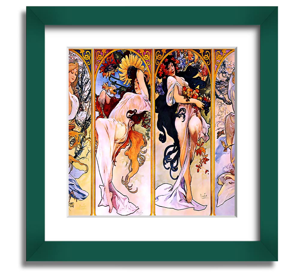 Alphonse Mucha Four Seasons Square Framed Print showcasing vibrant seasonal artwork in a stylish frame.