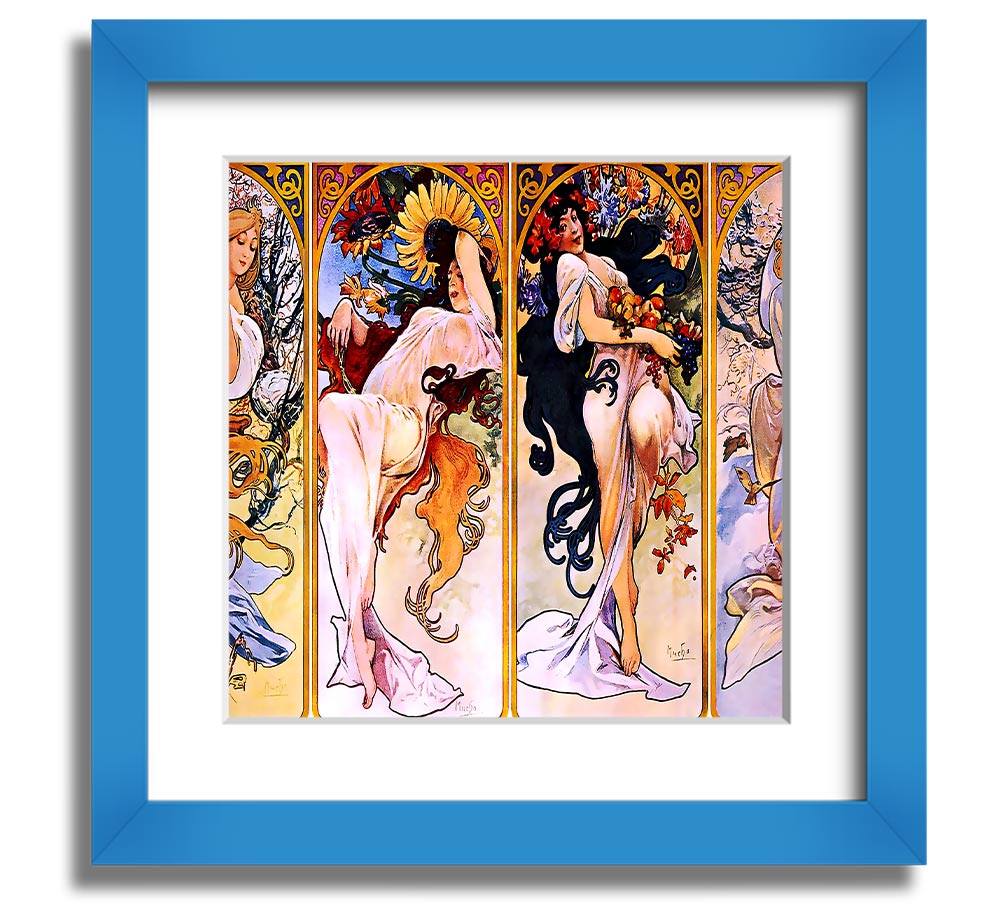 Alphonse Mucha Four Seasons Square Framed Print showcasing vibrant seasonal artwork in a stylish frame.