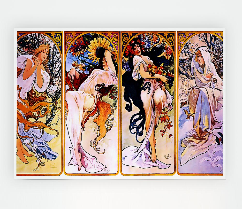 Alphonse Mucha Four Seasons poster on high-quality canvas, showcasing vibrant colors and intricate details.