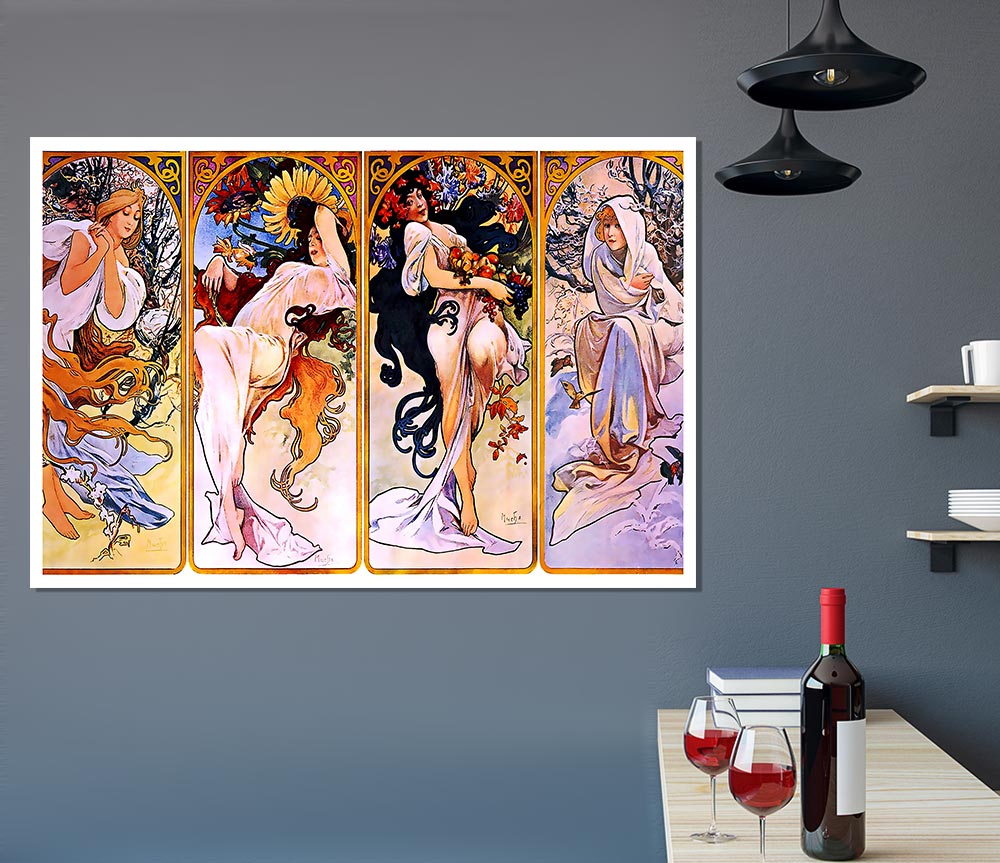 Alphonse Mucha Four Seasons poster on high-quality canvas, showcasing vibrant colors and intricate details.