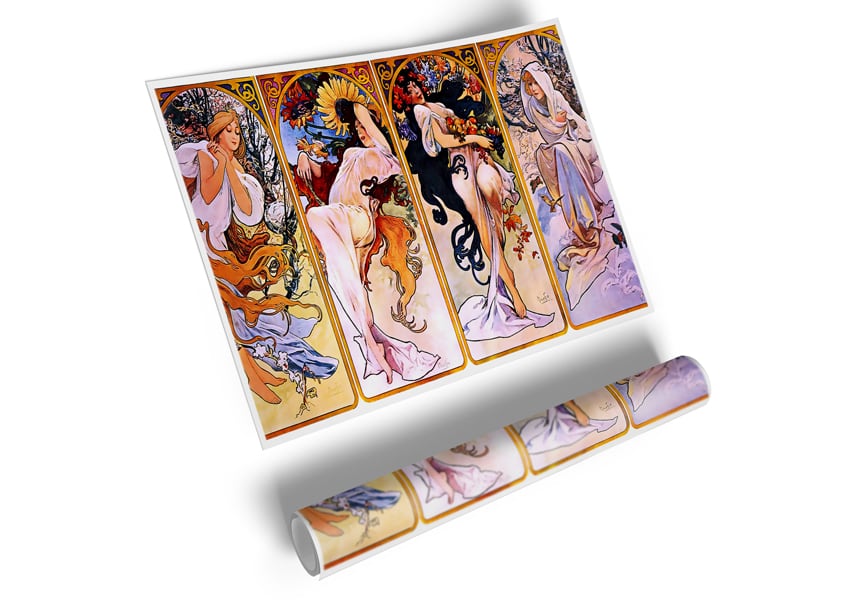 Alphonse Mucha Four Seasons poster on high-quality canvas, showcasing vibrant colors and intricate details.