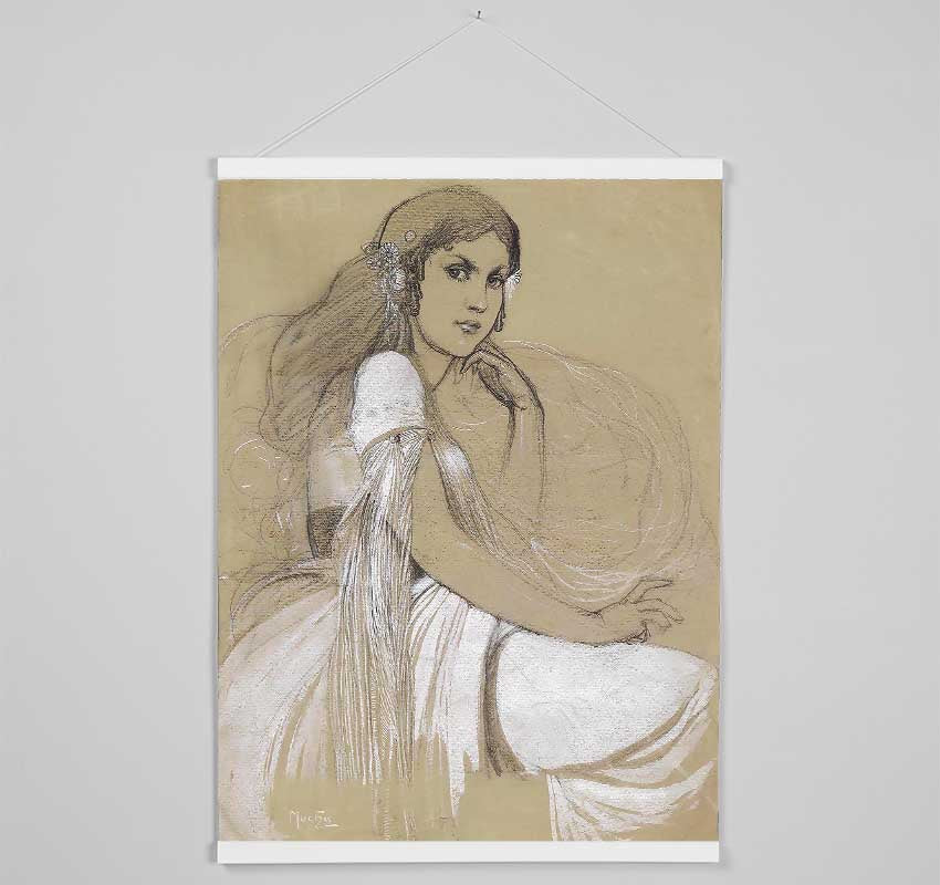 Alphonse Mucha Jaroslava Mucha wooden poster hanger showcasing a beautiful print with magnetic fastening.