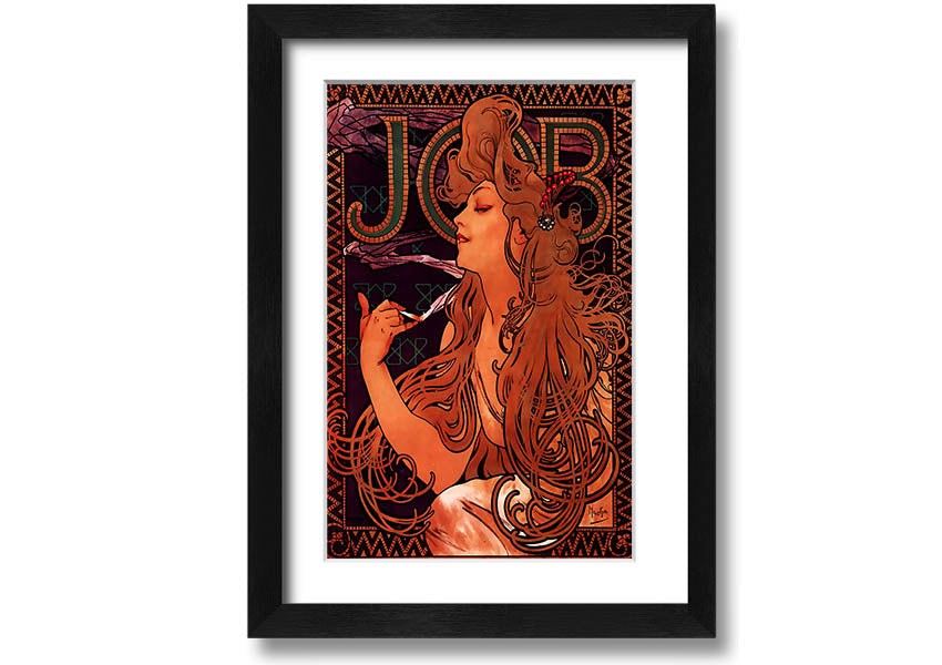 Framed print of Alphonse Mucha's Job artwork, showcasing intricate details and vibrant colors, available in various frame colors.