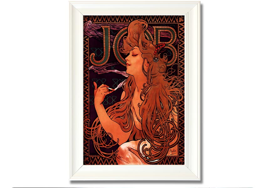 Framed print of Alphonse Mucha's Job artwork, showcasing intricate details and vibrant colors, available in various frame colors.