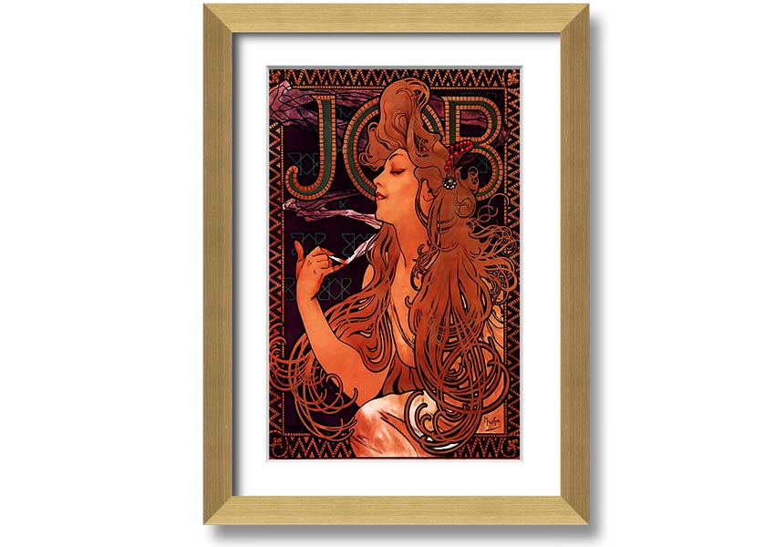 Framed print of Alphonse Mucha's Job artwork, showcasing intricate details and vibrant colors, available in various frame colors.