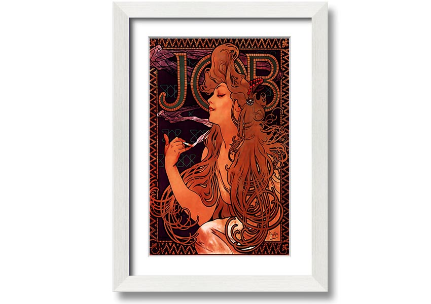 Framed print of Alphonse Mucha's Job artwork, showcasing intricate details and vibrant colors, available in various frame colors.